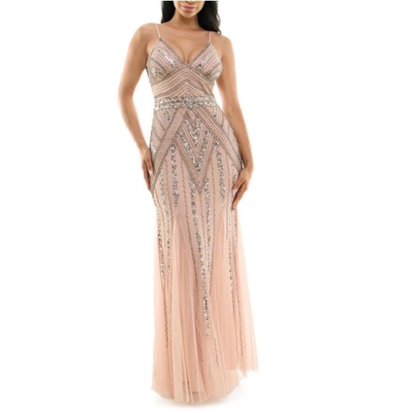 Bloomingdale’s Marina Strappy GATSBY BEADED A-LINE GOWN IN BLUSH - Picture 1 of 14